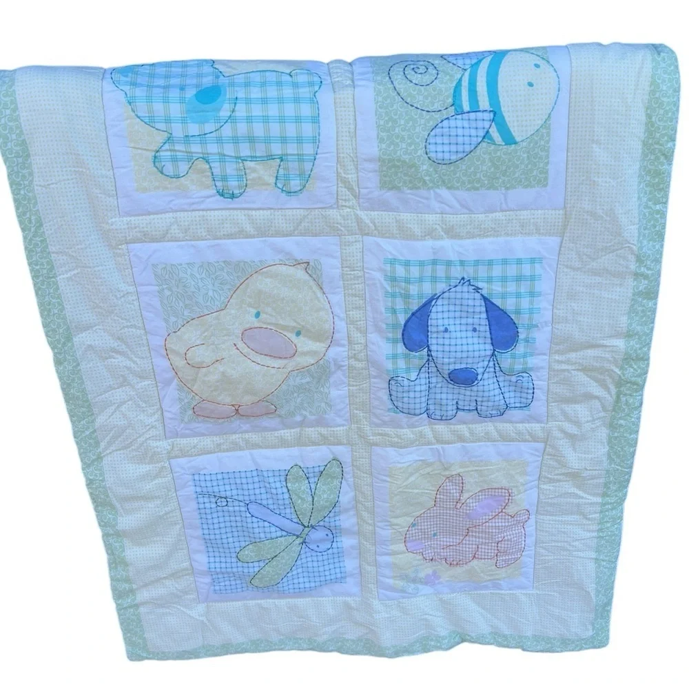 Y2K Carters Tykes Animals Crib Quilt Pastel Gingham Puppy Bee Duck Dragonfly HTF
